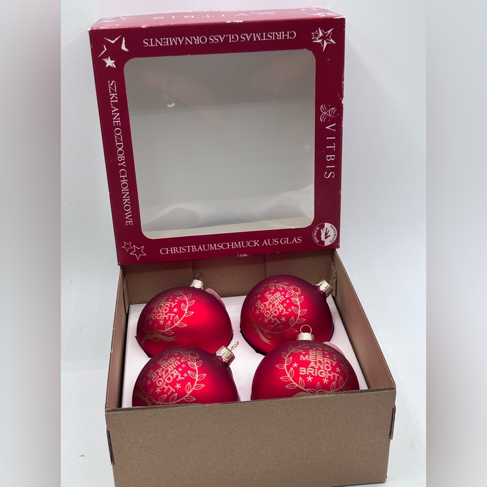 VITBIS Glass Ornaments Be Merry And Bright Hand Made in Poland 3.5" Set of 4